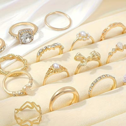Chunky Gold Rings for Women Non Tarnish, Baroque Pearl Flower Tiger's Eye Stone Rings Adjustable Stacking Statement Rings Set Fashion Jewelry Gifts - style: Diamond/Gemstone/Pearl_Inlay