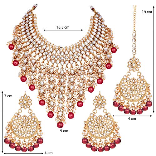 Aheli Elegant Indian Wedding Wear Faux Kundan Studded Choker Necklace with Maang Tikka Set Ethnic Fashion Jewelry for Women Maroon Kundan & Pearl Drop - color: Maroon 5