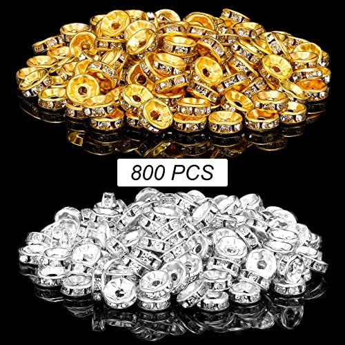 Hicarer 800 Pieces Round Rondelle Spacer Beads Crystal Rhinestone Loose Charm Beads for Jewelry Making(8 mm,Gold, Silver) - size: 8