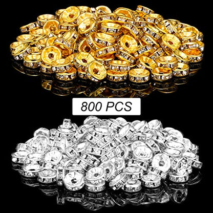 Hicarer 800 Pieces Round Rondelle Spacer Beads Crystal Rhinestone Loose Charm Beads for Jewelry Making(8 mm,Gold, Silver) - size: 8