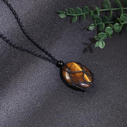 weryerker Natural Gemstone Pendant Necklace Healing Crystal Stone Pendant with Hand-Woven Rope Adjustable for Women Men - color: 1PC Tiger's Eye