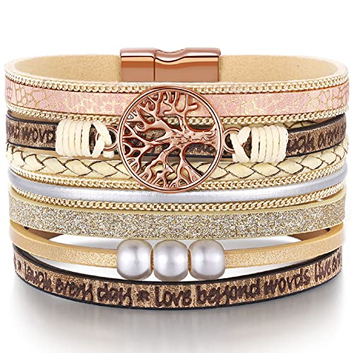Desimtion Inspirational Tree of Life Boho Leather Wrap Bangle Bracelets for Women, Teen Girl Gifts Trendy Stuff, Fashion Accessories Jewelry Gifts for Women Girls - color: Beige-rose gold tree