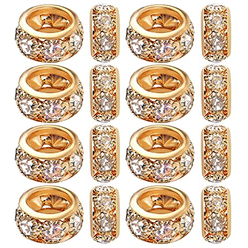 European Rhinestone Spacer Beads, 40pcs Gold Plated Crystal Rondelle Beads Brass Round Loose Beads with 6 mm Large Hole for DIY Jewelry Making Christmas Party Birthday Ornament, 10 mm x 5 mm - color: Gold, size: 10MM