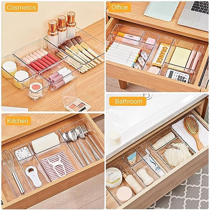 SMARTAKE 13-Piece Drawer Organizers with Non-Slip Silicone Pads, 5-Size | Clear Desk Bathroom Drawer Organizer Trays Storage Tray for Makeup, Jewelry, Utensils in Bedroom Dresser, Office and Kitchen - size: 13 PCS