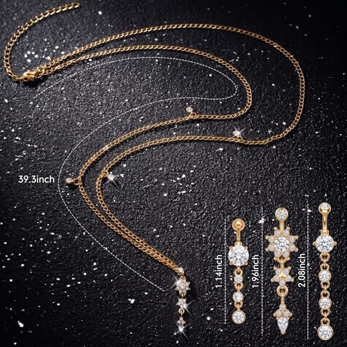 Hicarer 3 Pieces Crystal Belly Ring with Chain Rhinestone Waist Body Chain Bikini Belly Jewelry Beach Accessories Jewelry for Women Adults - color: Gold, style: Attractive Style