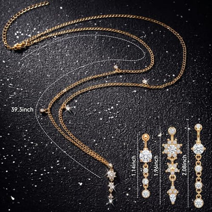 Hicarer 3 Pieces Crystal Belly Ring with Chain Rhinestone Waist Body Chain Bikini Belly Jewelry Beach Accessories Jewelry for Women Adults - color: Gold, style: Attractive Style