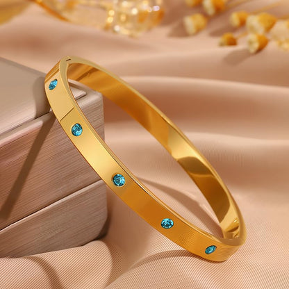 Women’s Gold Bracelet with Blue Crystals – Stainless Steel Slim Hinged Bangle