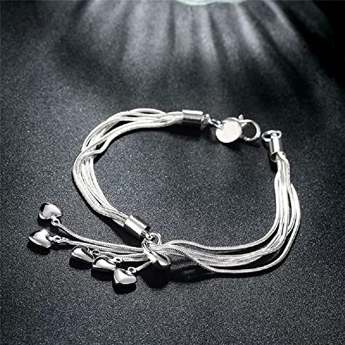 925 Sterling Silver Multi-Strand Five Heart Charm Bracelet, 5 Dangling Hearts, Silver