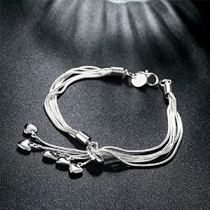 925 Sterling Silver Multi-Strand Five Heart Charm Bracelet, 5 Dangling Hearts, Silver