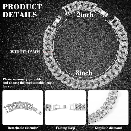 Batiyeer Women's Ankle Bracelets Cuban Link Chain Anklets Adjustable Chunky Anklets with Detachable Extender Rhinestone Bling Jewelry Gifts - color: Silver, size: 12 Mm, 8+2 Inches