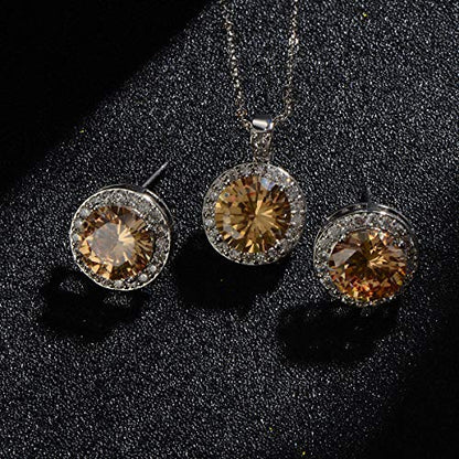 Bridal Crystal Jewelry Set - Sterling Silver Round Cubic Zirconia CZ Rhinestone Halo Birthstone Pendant Necklace Stud Earrings Set for Wedding Bride Bridesmaids Birthday Gift - color: Citrine Champagne