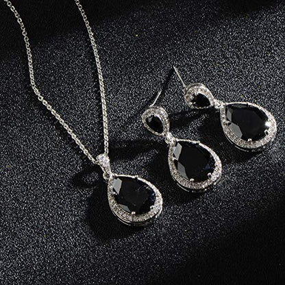 Bridal Jewelry Set for Wedding - 18k Plated Teardrop CZ Crystal Cubic Zirconia Rhinestone Necklace Earrings Set for Bride Bridesmaids Mother of Bride Party Prom Birthstone Costume Jewelry - color: Dec-Black Zircon