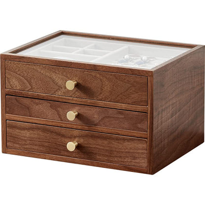 CHOSIN Black Walnut Jewelry Box Wood for Women with Glass Lid, 3 Layer | 2 Drawers, No Mirror, Unlocking, Transparent Glass Lid, Velvet Interior, Storage for Earrings, Rings, Bracelets, Gift for Her - style: 3 Layer
