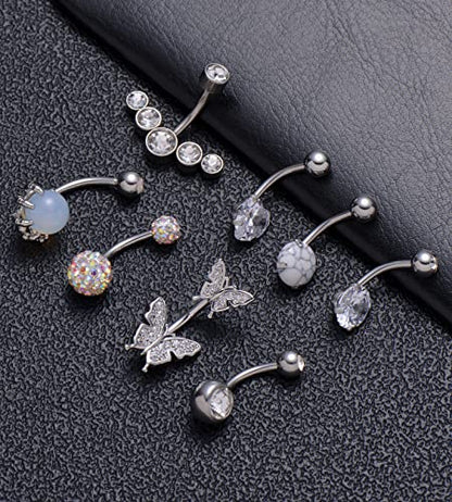 6-8-12PCS 14G 6-10mm Short Bar Tiny Heart Butterfly Evil Eye Devil Heart Snake Skull CZ Skull hand with Gem ball Stainless Steel Belly Button Rings Navel Rings for Women Barbell Eyebrow Body Piercing Jewelry - color: F:8Pcs(Skull hand with Gem Ball)