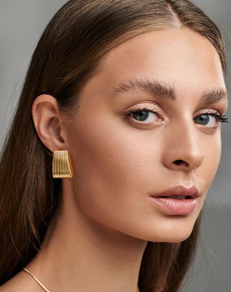 Gold Chunky Statement Earrings for Women, Trendy 14K Gold Plated Square Geometric Vintage Drop Dangle Designer Stud Earrings, Jewelry Gift - style: ribbed-gold