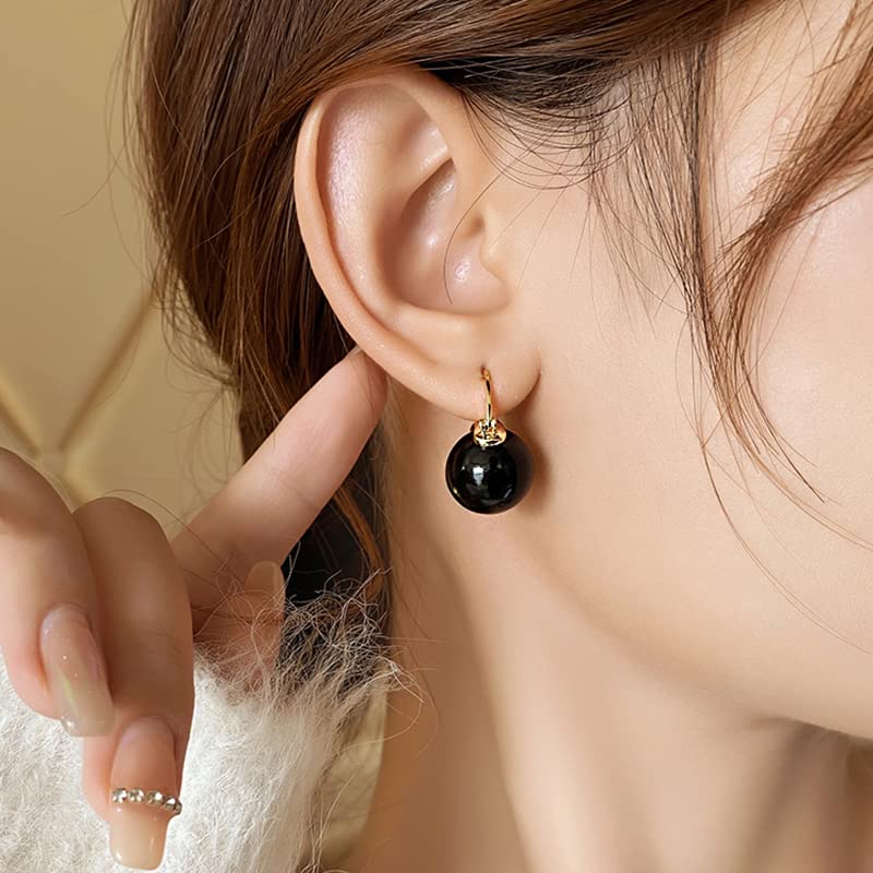 HUGE TOMATO 925 Sterling Silver Simulated Shell Pearl Earrings for Women Trendy, Big Pearl Drop Earrings Leverback Stud,18K Gold Plated Large Pearl Hoop Dangle Hypoallergenic Jewelry 14mm - color: Black