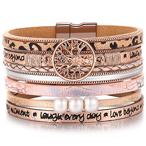 Desimtion Inspirational Tree of Life Boho Leather Wrap Bangle Bracelets for Women, Teen Girl Gifts Trendy Stuff, Fashion Accessories Jewelry Gifts for Women Girls - color: Rose Gold