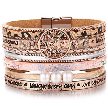 Desimtion Inspirational Tree of Life Boho Leather Wrap Bangle Bracelets for Women, Teen Girl Gifts Trendy Stuff, Fashion Accessories Jewelry Gifts for Women Girls - color: Rose Gold