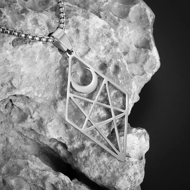 Stainless Steel Inverted Five-Pointed Star and Moon Pendant Necklace Men Women Gothic Pagan Satanic Magic Jewelry - color: silvery
