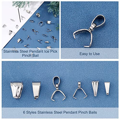 UNICRAFTALE 120pcs 6 Styles 304 Stainless Steel Pendant Pinch Bails Ice Pick Pinch Bails Clasp Dangle Charm Bead Pendant Jewelry Finding Connector Bail for Jewelry Making 7-10mm Long - color: Stainless Steel Color- 6 Styles