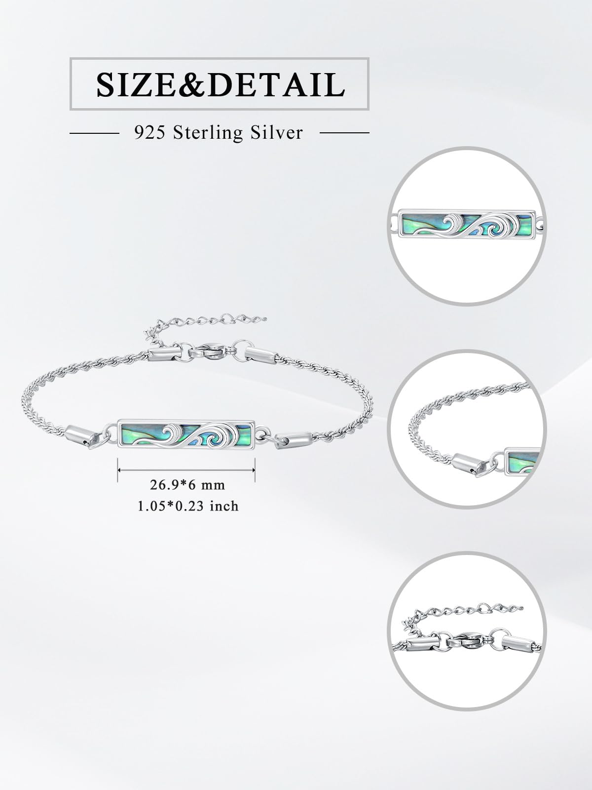Waves/Tree of Life/Mushrooms/Moon Phase/Butterfly/Hummingbird Bracelet/Anklet 925 Sterling Silver Adjustable Abalone Shell Bar Bracelet/Anklet Summer Jewelry Gifts for Women - color: Waves, size: Anklet 9"+2"