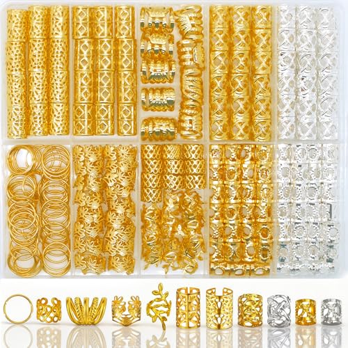 228 Pcs Gold Hair Accessories for Braids & Locs Jewelry, Gold and Silver Adjustable Cuffs Rings for Women Clips, Suitable for Dreadlocks Twists Ponytails, Metal Hair Charms Decorations - color: Gold and Silver