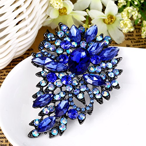 EVER FAITH Women's Austrian Crystal Wedding Flower Leaf Bouquet Brooch - color: Royal Blue Black-Tone