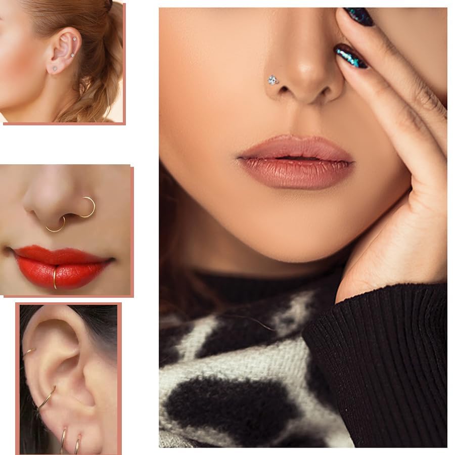 20G Nose Rings Hoops Studs, Stainless Steel Round CZ L Shaped Nose Screw Straight Studs, Hypoallergenic Diamond Double Nose Hoops, Clear Nose Rings For Women Men Nostril Piercing Jewelry - color: Gold 9 Studs + 3 Hoops