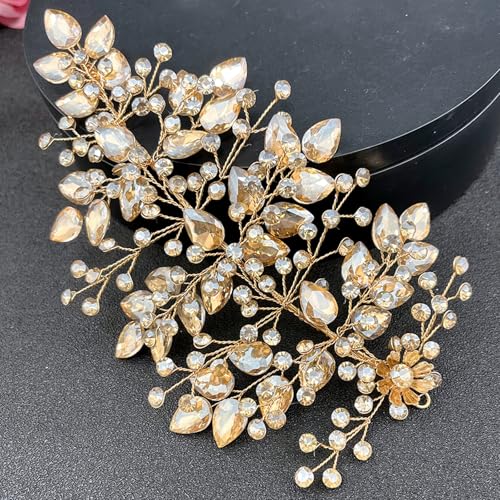 Wedding Hair Pieces for Brides, Rhinestone Bride Headpiece, Handmade Bridal Hair Accessories(Champagne) - color: Champagne