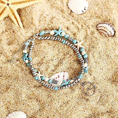 Softones Blue Starfish Turtle Anklet Multilayer Charm Beads Sea Handmade Boho Anklet Foot Jewelry for Women - style: B:Wave