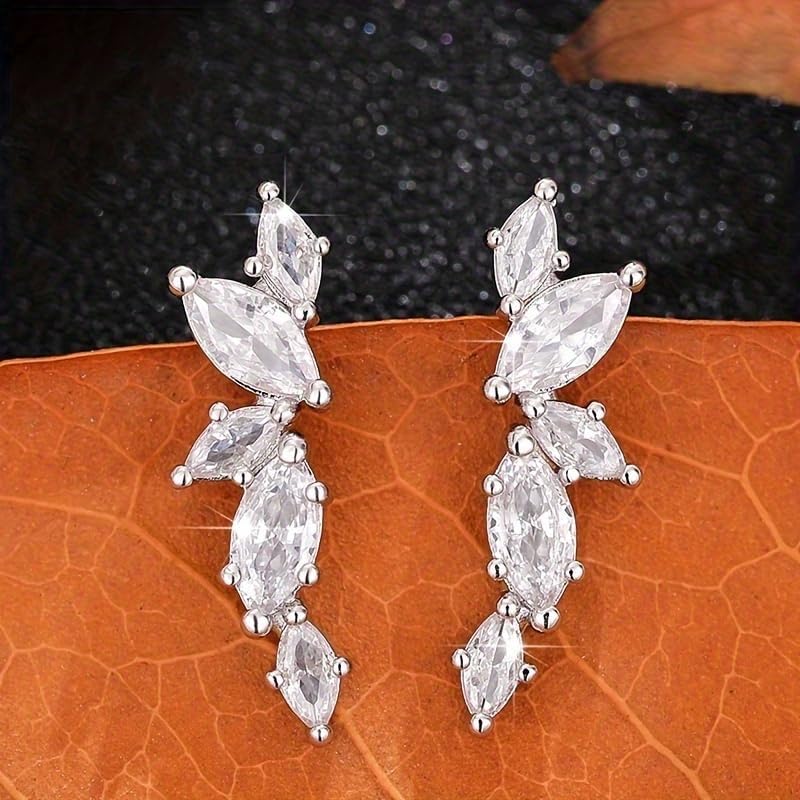 1 Pair Marquise Zirconia Ear Climber Stud Earrings for Women Daily Casual Clip Earrings Jewelry - color: Silver