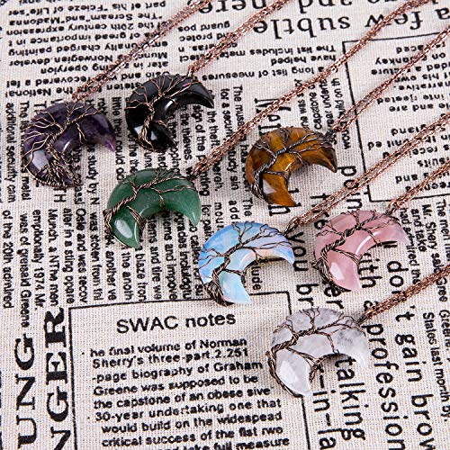 Bivei Life Tree Crescent Moon Necklaces for Women | Copper Wire Wrap Gemstones Pendant Crystals and Natural Stones Necklace Witch Jewellery Christmas Valentine's Day for Friends - color: Brown - Tiger Eye Stone, style: Pack of 1