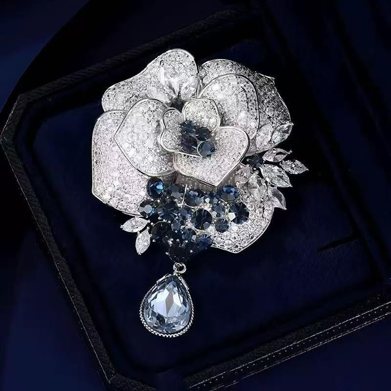 Luxury Camellia Flower Brooch, Sparkling Crystal & Rhinestone Pin with Teardrop Pendant for Women, Elegant Statement Jewelry for Wedding, Party, or Daily Wear - style: Modern
