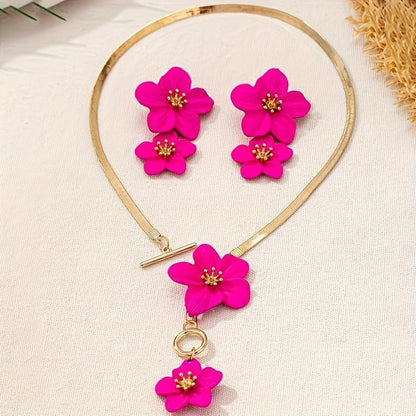 Colorful Flower Necklace Earrings Set for Women Gold Snake Chain Toggle Clasp Pendant Necklaces Dainty Double Flowers Statement Earrings Bridal Wedding Summer Beach Jewelry for Women - color: rose red
