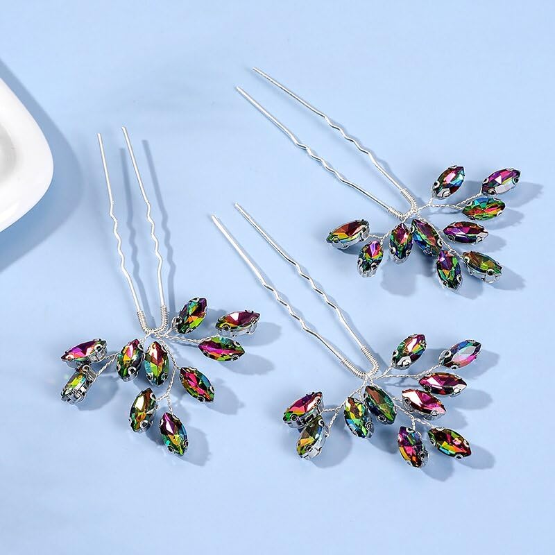 Women's Birthday Evening Party Headpieces Shiny Crystal Wedding Prom Hair Accessories 3pcs Pageant Banquet Hairpins,Colorful - color: Colorful
