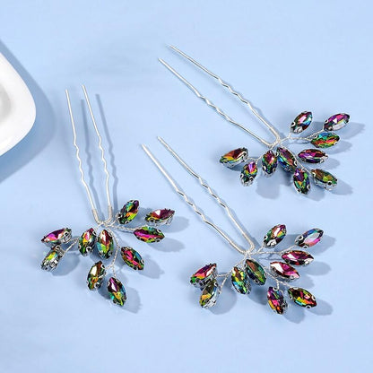 Women's Birthday Evening Party Headpieces Shiny Crystal Wedding Prom Hair Accessories 3pcs Pageant Banquet Hairpins,Colorful - color: Colorful