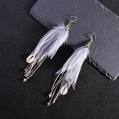Bohemian Feather Dangle Earrings for Women with Shell Beads Long Tassel Design Drop Earrings - style: Style-Light Gray