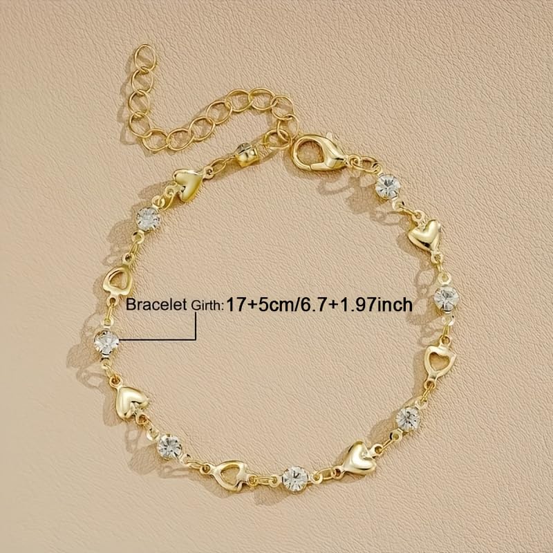 1PC Chain Bracelet, Gold Tone, Solid And Hollow Heart Charms, Paved Crystal Accents, Minimalist Design, Jewelry For Outfit Matching(Gold)