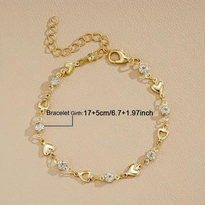 1PC Chain Bracelet, Gold Tone, Solid And Hollow Heart Charms, Paved Crystal Accents, Minimalist Design, Jewelry For Outfit Matching(Gold)