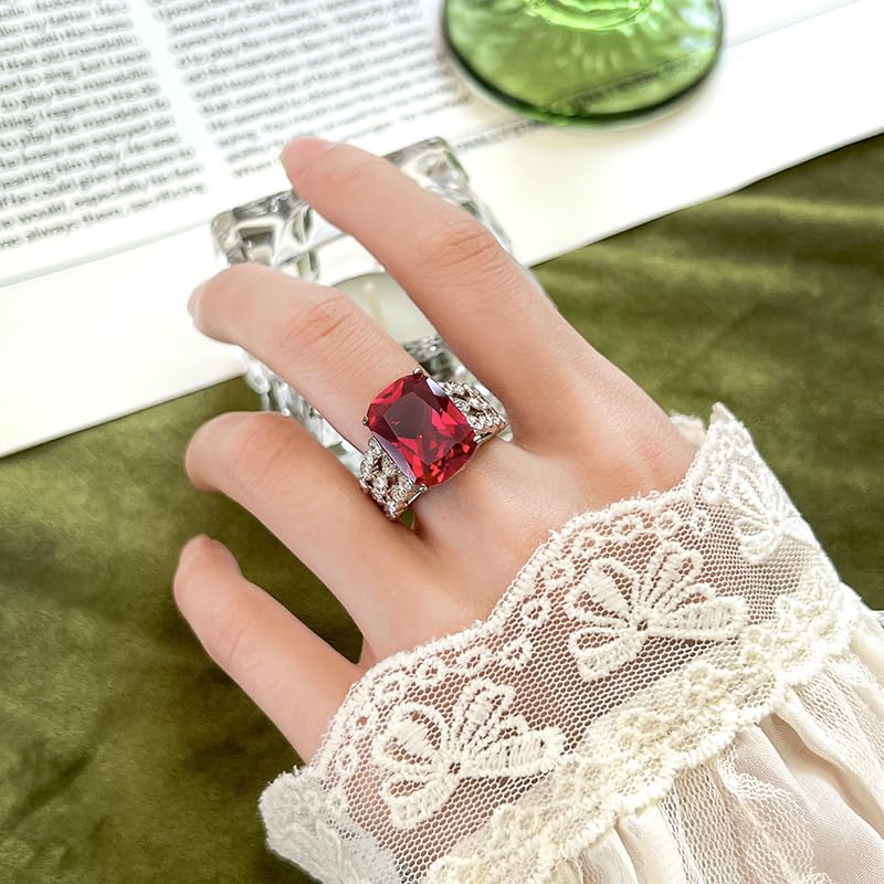 Cushion Cut Gem Cocktail Open Ring For Women, 2 Colors Ruby Sapphire Honeycomb Hollow Full Pave Crystal Formal Statement Ring - color: red