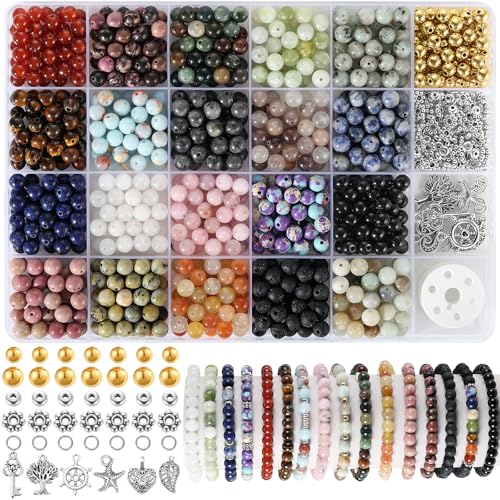 Zefy 996 Pcs 6mm Natural Stone Beads, Beads for Jewelry Making (20 Colors) | Round Crystals Bead Genuine Real Stones, Gemstone Beads Kit with Spacer Beads Charms for Bracelets DIY Jewelry Making