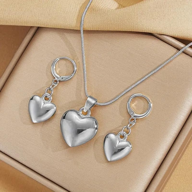 Tone Puffy Heart Pendant Necklace and Huggie Earrings Set, Minimalist Romantic Dainty Jewelry for Women - color: Silver