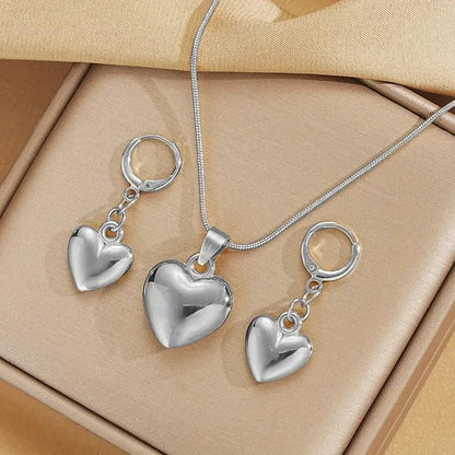 Tone Puffy Heart Pendant Necklace and Huggie Earrings Set, Minimalist Romantic Dainty Jewelry for Women - color: Silver