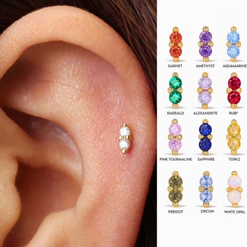2 Pairs 20G/18G/16G Dainty Stud Earrings, Cubic Zirconia Screw Flat Back Drop Earrings & Tiny Birthstone Dangle Earrings - color: Duo- (January)- Garnet &CZ