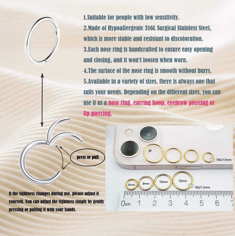 16Gauge earrings nosering clicker hoop Hypoallergenic body piercing ring | 6-14mm/6-12mm/Stainless Steel Gold/Silver,Septum Rings Hinged Clicker, Helix Cartilage Daith Tragus,Sleeper Hoop,Piercing - color: 6-8-10-12mm 16Gauge Silver