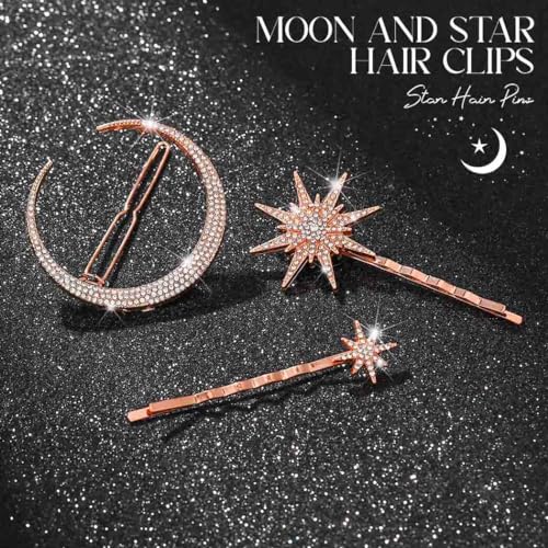 BARTOSI Moon Star Hair Clips Rose Gold Rhinestone Hair Pins Crystal Bobby Pins Bride Wedding Celestial Hair Accessories for Women and Girls (Pack of 3) - color: Rose Gold