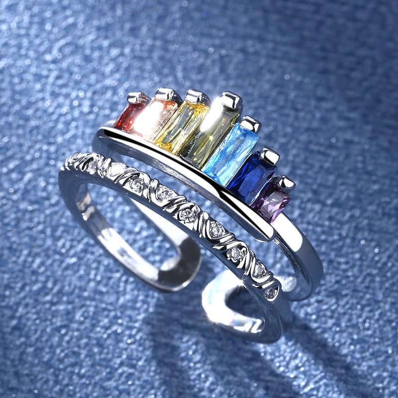 MALOYANVE Rhinestone Crown Open Ring for Women, Colorful Crystal Cubic Zirconia, Rainbow, Adjustable, Elegant Princess Queen Statement Promise Wedding Jewelry - color: Silver