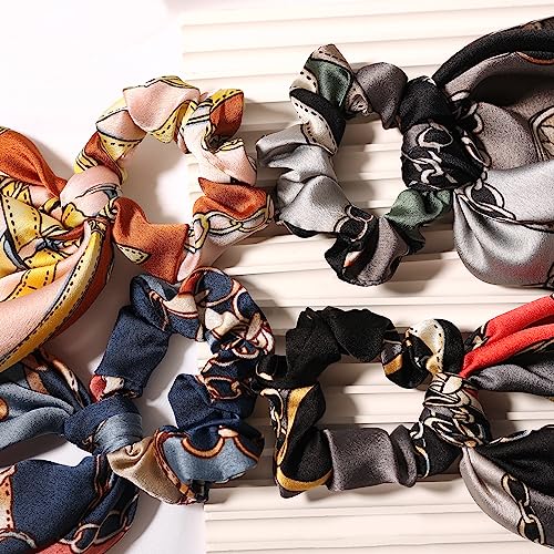 LFOUVRE 4pcs Chain Satin Hair Accessories - Ribbon Scrunchies with Long Tails, Knotted Hair Bands and Elastic Ties for Girls - color: Green Pink Navy Red