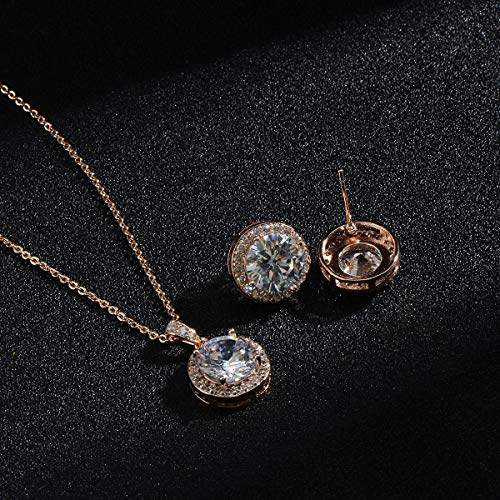 Bridal Crystal Jewelry Set - Sterling Silver Round Cubic Zirconia CZ Rhinestone Halo Birthstone Pendant Necklace Stud Earrings Set for Wedding Bride Bridesmaids Birthday Gift - color: Rose Gold