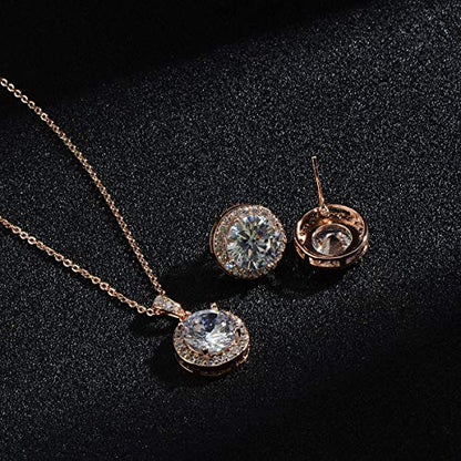 Bridal Crystal Jewelry Set - Sterling Silver Round Cubic Zirconia CZ Rhinestone Halo Birthstone Pendant Necklace Stud Earrings Set for Wedding Bride Bridesmaids Birthday Gift - color: Rose Gold